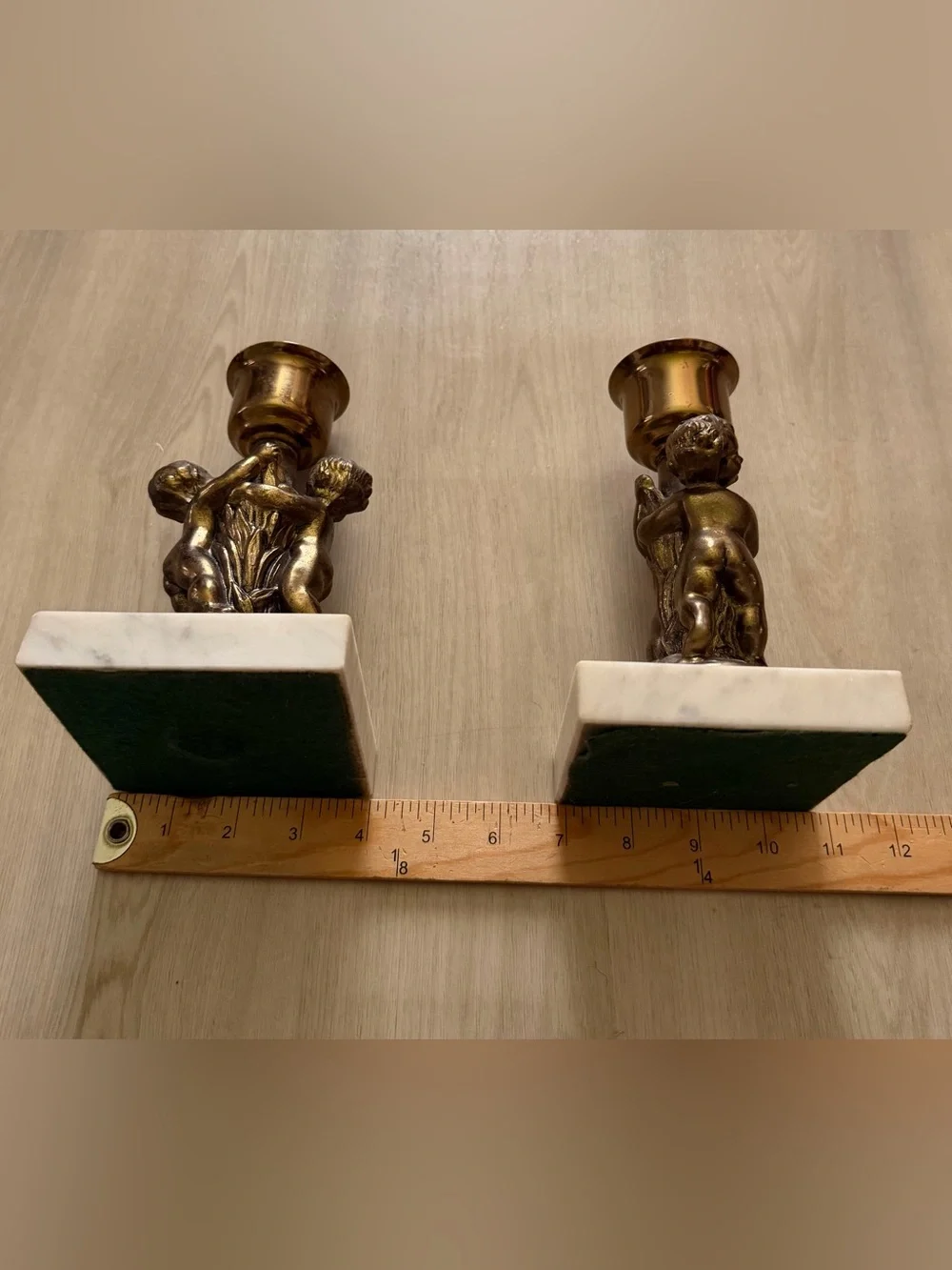 2 Cherub Gold Metal Candle Holder With Marble Base